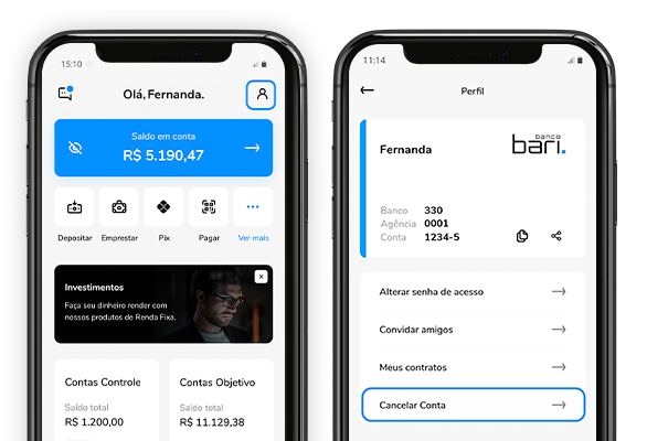 Celular mostrando as telas da home e de extrato do aplicativo Bari.