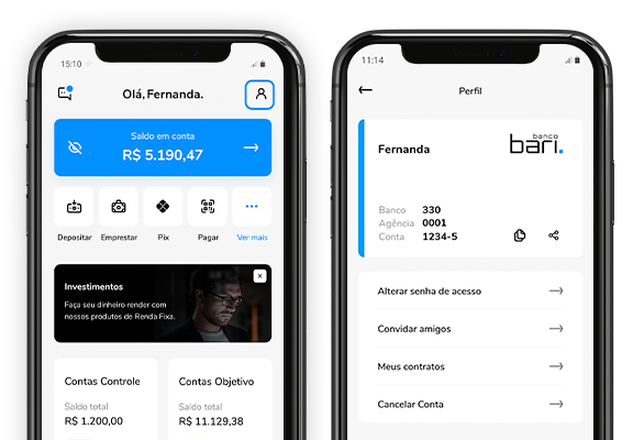 Celular mostrando as telas da home e de perfil do  aplicativo Bari.