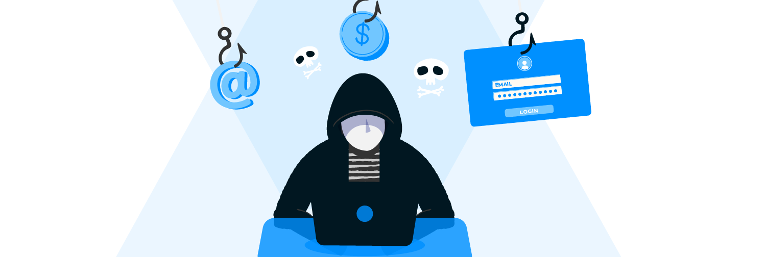 ilustração mostra homem encapuzado utilizando um notebook cercado por ícones de perigo. 