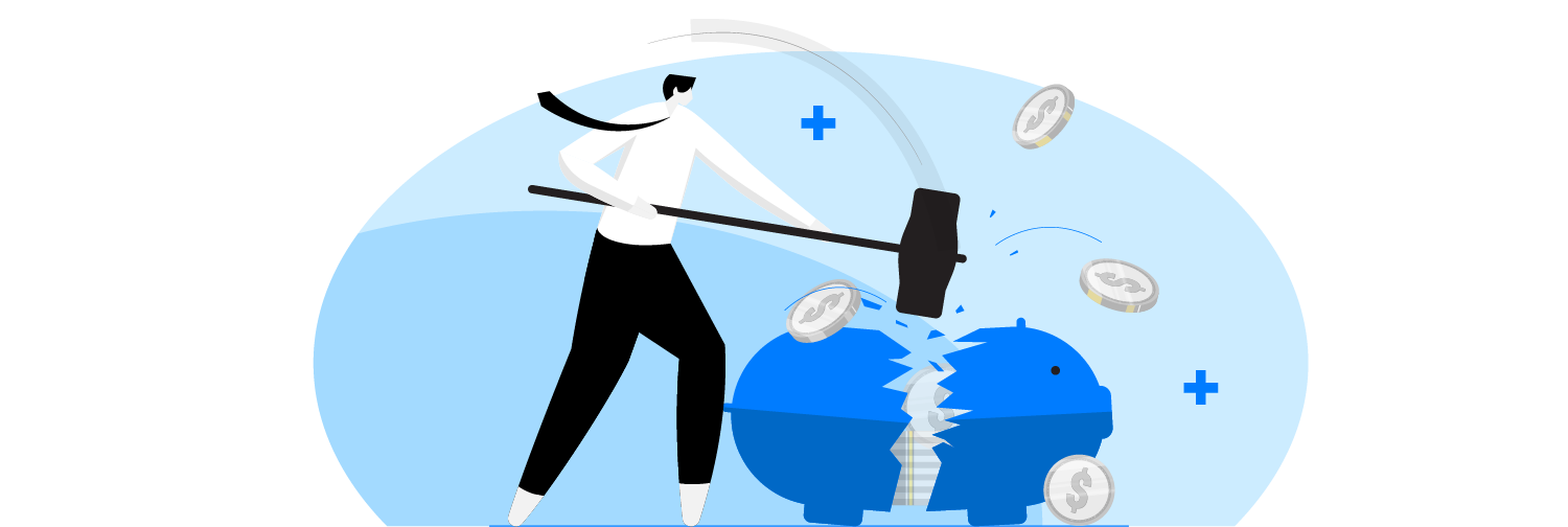 ilustração de um homem quebrando um cofrinho em formato deo porquinho e saindo moedas pelos ares